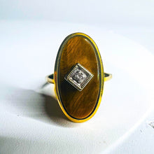 Load image into Gallery viewer, Antique REAL GOLD 10k Yellow Gold Tigers Eye & Old Mine Cut Diamond Ring size 5