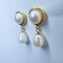 Load image into Gallery viewer, Authentic Solid 14k Yellow Gold Button Pearl & Drop Pearl Dangle Earrings 3.2g