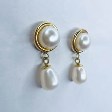 Load image into Gallery viewer, Authentic Solid 14k Yellow Gold Button Pearl & Drop Pearl Dangle Earrings 3.2g