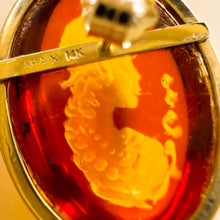 Load image into Gallery viewer, Antique 14k Gold Amber Cameo Earrings 30 CTTW Vintage Carved Oval Cabochons 7.7g