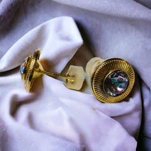 Load image into Gallery viewer, Antique 14k Gold Aurora Borealis Topaz Earrings Celestial Disk Studs 2.4g