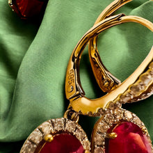 Load image into Gallery viewer, 14k Yellow Gold 2 CTTW Natural Ruby & Halo Diamond Lever Back Dangle Earrings