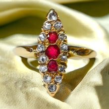 Load image into Gallery viewer, Antique 10k Gold Ruby Diamond Navette Ring Size 7 Rose Cut Gems Victorian 2.4g