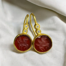 Load image into Gallery viewer, 23k Gold Agate Pegasus Intaglio Diamond Earrings 18k Gold Ancient Mythology 3.7g