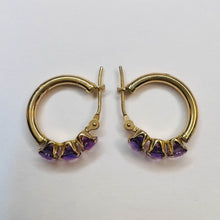Load image into Gallery viewer, 10k Yellow Gold Natural Amethyst Hoop Earrings 17mm Prong Set Hoops 1g February