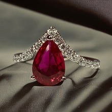 Load image into Gallery viewer, 10k White Gold Pear Cut Ruby Ring V Shaped Diamond Ring Size 5 Chevron Ring 1.4g
