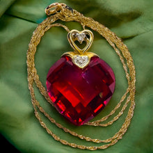 Load image into Gallery viewer, 10k Yellow Gold Ruby Diamond Necklace 18"Heart Briolette Red Ruby BIG 19mm 6.6g