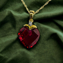 Load image into Gallery viewer, 10k Yellow Gold Ruby Diamond Necklace 18" BIG 11mm Heart Briolette Red Ruby 1.8g