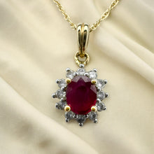 Load image into Gallery viewer, 14k Gold Natural Ruby Necklace 18" Halo Diamond Necklace July Birthstone 1.4g