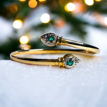 Load image into Gallery viewer, 10k Yellow Gold Natural Emerald & Diamond Bracelet 7" Bypass Flex Bangle 3.6g