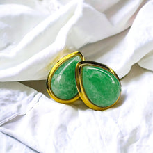Load image into Gallery viewer, 14k Gold Jade Stud Earrings Teardrop Pear Cabochon Apple Green Jadeite Jade 1.7g