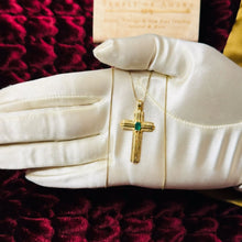 Load image into Gallery viewer, 14k Yellow Gold Emerald Cross Necklace 27" Vintage BRAM Natural Emerald Retro 6g
