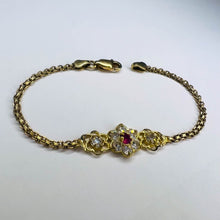 Load image into Gallery viewer, 14k Yellow Gold Ruby Tennis Bracelet 6"L Flower Bracelet Bismark Link Chain 3.1g White Topaz Stones Anniversary Gift for Wife July Birthday