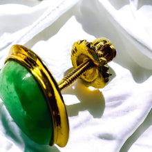 Load image into Gallery viewer, 14k Gold Jade Stud Earrings Teardrop Pear Cabochon Apple Green Jadeite Jade 1.7g