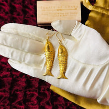 Load image into Gallery viewer, Antique 14k Gold Articulated Fish Earrings LARGE 68mm Victorian Oriental 6.1g