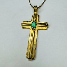 Load image into Gallery viewer, 14k Yellow Gold Emerald Cross Necklace 27" Vintage BRAM Natural Emerald Retro 6g