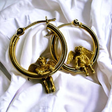 Load image into Gallery viewer, 14k Gold Cherub Hoop Earrings 21mm Hoops Baby Angel Guardian Angel Hanging 2g