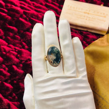 Load image into Gallery viewer, REAL 10k Yellow Gold ANTIQUE Moss Agate Ring Sz 8.25 LARGE Oval Navette Vintage