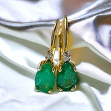 Load image into Gallery viewer, 10k Gold Diamond & Natural Emerald Earrings 1 CTTW Leverback Hoop Earrings 1.2g