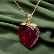 Load image into Gallery viewer, 10k Yellow Gold Ruby Diamond Necklace 18" BIG 13mm Heart Briolette Red Ruby 3.3g