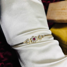 Load image into Gallery viewer, 14k Yellow Gold Ruby Tennis Bracelet 6"L Flower Bracelet Bismark Link Chain 3.1g White Topaz Stones Anniversary Gift for Wife July Birthday