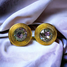 Load image into Gallery viewer, Antique 14k Gold Aurora Borealis Topaz Earrings Celestial Disk Studs 2.4g