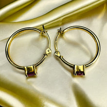 Load image into Gallery viewer, 14k Yellow Gold Natural Ruby Hoop Earrings Earth Mined Ruby Hoops 20mm 1.3g