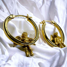 Load image into Gallery viewer, 14k Gold Cherub Hoop Earrings 21mm Hoops Baby Angel Guardian Angel Hanging 2g