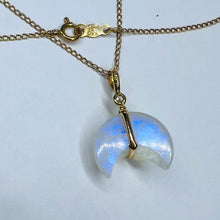Load image into Gallery viewer, 14k Yellow Gold Crescent Moonstone & Diamond Necklace 15" Solid 585 Gold 2.4g