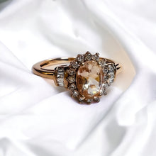 Load image into Gallery viewer, 10k Rose Gold Morganite & Halo Diamond Ring Sz 8.25 Baguette Engagement Ring 2g