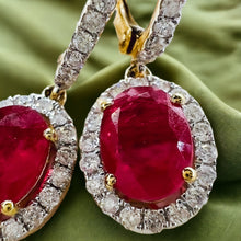 Load image into Gallery viewer, 14k Yellow Gold 2 CTTW Natural Ruby & Halo Diamond Lever Back Dangle Earrings