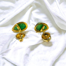 Load image into Gallery viewer, 14k Gold Jade Stud Earrings Teardrop Pear Cabochon Apple Green Jadeite Jade 1.7g