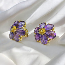Load image into Gallery viewer, 14k Gold Natural Amethyst Earrings 3.72CTTW Flower Earrings Solid 585 Gold 2.3g