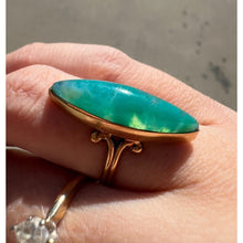 Load image into Gallery viewer, REAL 10k Yellow Gold ANTIQUE Green Agate Ring Sz 6 Victorian Era Long Navette Chrysoprase