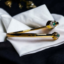 Load image into Gallery viewer, 10k Yellow Gold Natural Emerald & Diamond Bracelet 7" Bypass Flex Bangle 3.6g