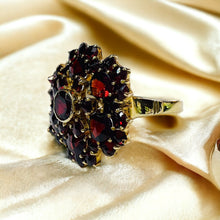Load image into Gallery viewer, 10k Yellow Gold Antique Bohemian Garnet Ring Size 7.75 by BIRKS Rose Cut Cluster
