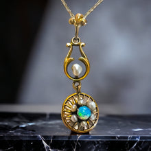 Load image into Gallery viewer, Antique Art Nouveau 10k Yellow Gold Opal Seed Pearl Necklace Lavalier Victorian