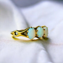 Load image into Gallery viewer, Antique 14k Gold Opal Ring Sz 5.5 Victorian Era Three Stone Claw Prong Ring 1.5g