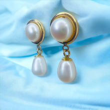 Load image into Gallery viewer, Authentic Solid 14k Yellow Gold Button Pearl & Drop Pearl Dangle Earrings 3.2g