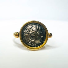 Load image into Gallery viewer, 14k Yellow Gold Ancient Alexander the Great Macedonian Herakles Silver Coin Drachm Ring Size 5.25 Hercules