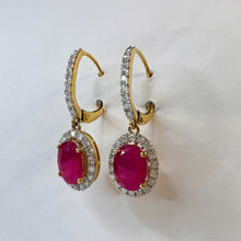 Load image into Gallery viewer, 14k Yellow Gold 2 CTTW Natural Ruby & Halo Diamond Lever Back Dangle Earrings