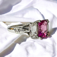 Load image into Gallery viewer, 10k White Gold Pink Sapphire Diamond Ring Sz 7 Emerald Cut Three Stone 1.9g