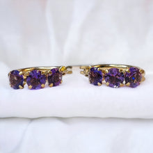 Load image into Gallery viewer, 10k Yellow Gold Natural Amethyst Hoop Earrings 17mm Prong Set Hoops 1g February