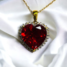 Load image into Gallery viewer, 10k Yellow Gold Ruby & Diamond Necklace 18" LARGE 12mm Heart Cut Red Ruby 6.2Cttw Halo Diamond Pendant 3.4g Ruby Necklace