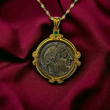 Load image into Gallery viewer, 18k Gold Ancient Goddess Athena Coin Necklace 16" Emerald Amulet 750 Gold 4.6g