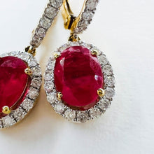 Load image into Gallery viewer, 14k Yellow Gold 2 CTTW Natural Ruby & Halo Diamond Lever Back Dangle Earrings
