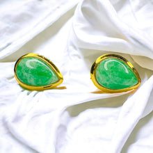 Load image into Gallery viewer, 14k Gold Jade Stud Earrings Teardrop Pear Cabochon Apple Green Jadeite Jade 1.7g
