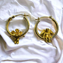 Load image into Gallery viewer, 14k Gold Cherub Hoop Earrings 21mm Hoops Baby Angel Guardian Angel Hanging 2g