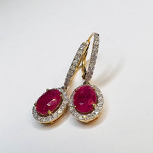 Load image into Gallery viewer, 14k Yellow Gold 2 CTTW Natural Ruby & Halo Diamond Lever Back Dangle Earrings