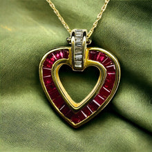 Load image into Gallery viewer, 14k Gold Ruby Necklace 18" Ruby Diamond Heart Necklace Channel Set Baguette 4.5g